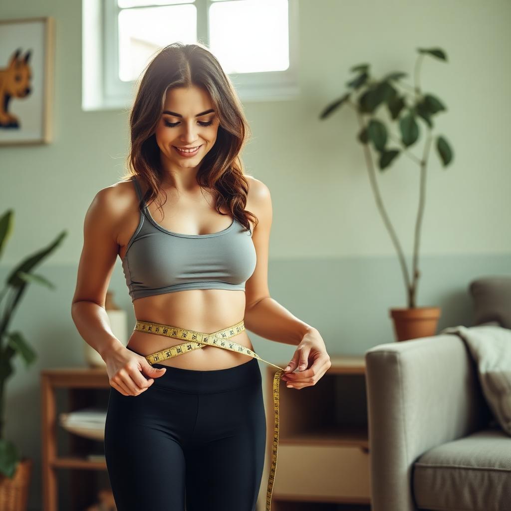 Woman measuring her waistline after using LipoJaro
